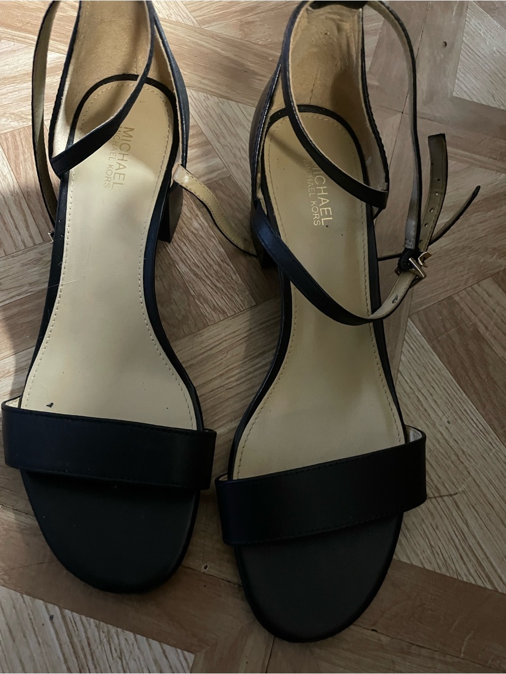 Michael Kors Black Leather Strappy Block Heel Sandals